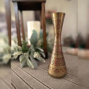 VTG Flower Vase w/ Hourglass Trumpet Fluted | Hand-Etched & Painted Indian Brass